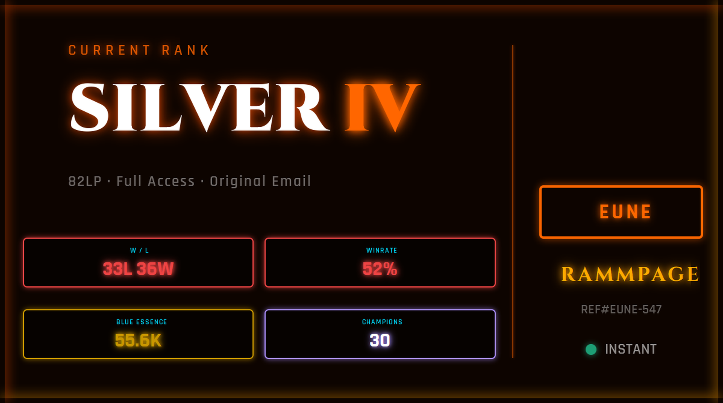 EUNE SILVER 4 82LP | League of Legends Account | Ranked Ready | S16 | 33L 36W | 52% WR | 55.6K BE | 30 Champs | Ranked 5s Ready | REF#EUNE-549