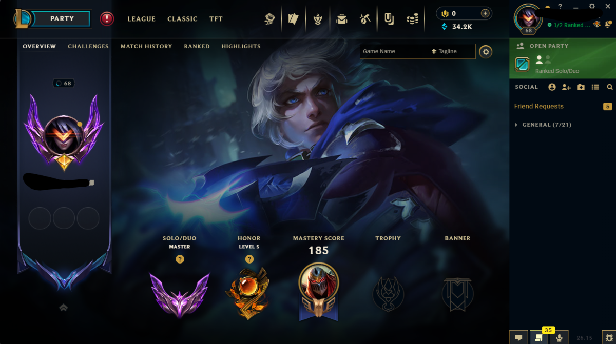Server EUW | Rank master 🚀 Level 68🎮✅ 68 WR 🔥Champs 106 💯 | Skins 12✨ | BE 34.2💎 Recovery Info Full info ✅