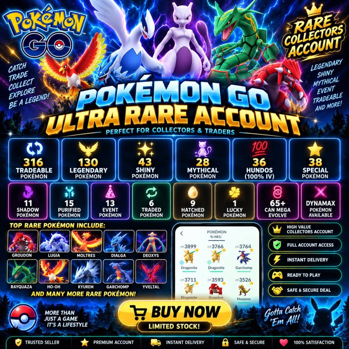 🍎NEW STOCK 36 HUNDOS IV) RARE 13 SL () LVL 53 2023 YEAR- SHINY HO-OH LUGIA MOLTRES | 316 TRADEABLE | 130 LEGENDARY / 43 SHINY INSTANT