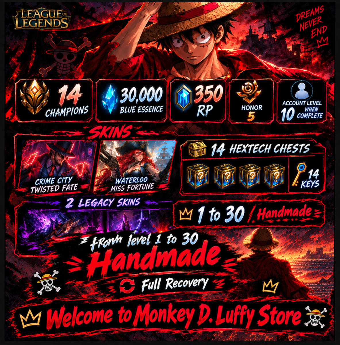 (EUW) HAND-LEVELLED ⭐Rank Ready (10W) ⭐30K+ BE⭐