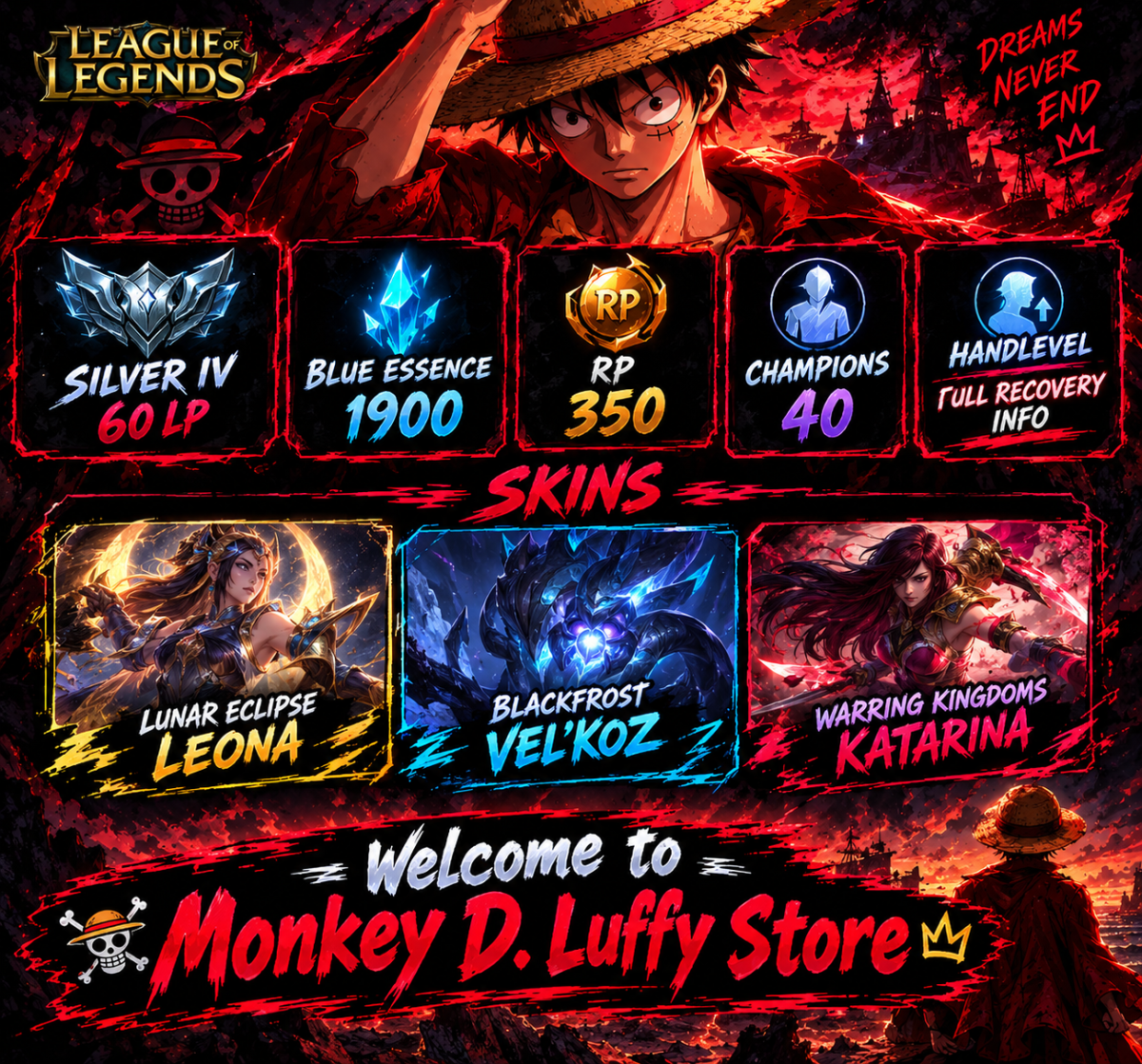 🔥 SILVER IV 60 LP — HAND-LEVELED ACCOUNT 🔥👑 Welcome to Monkey D. Luffy Store 🏴‍☠️