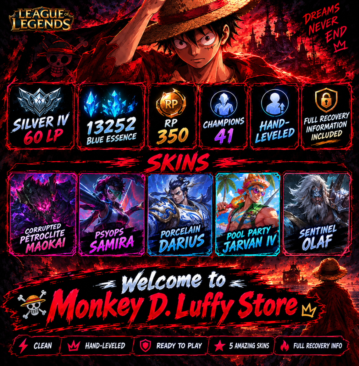 🔥 SILVER IV — 60 LP | HAND-LEVELED ACCOUNT 🔥👑 Welcome to Monkey D. Luffy Store 🏴‍☠️