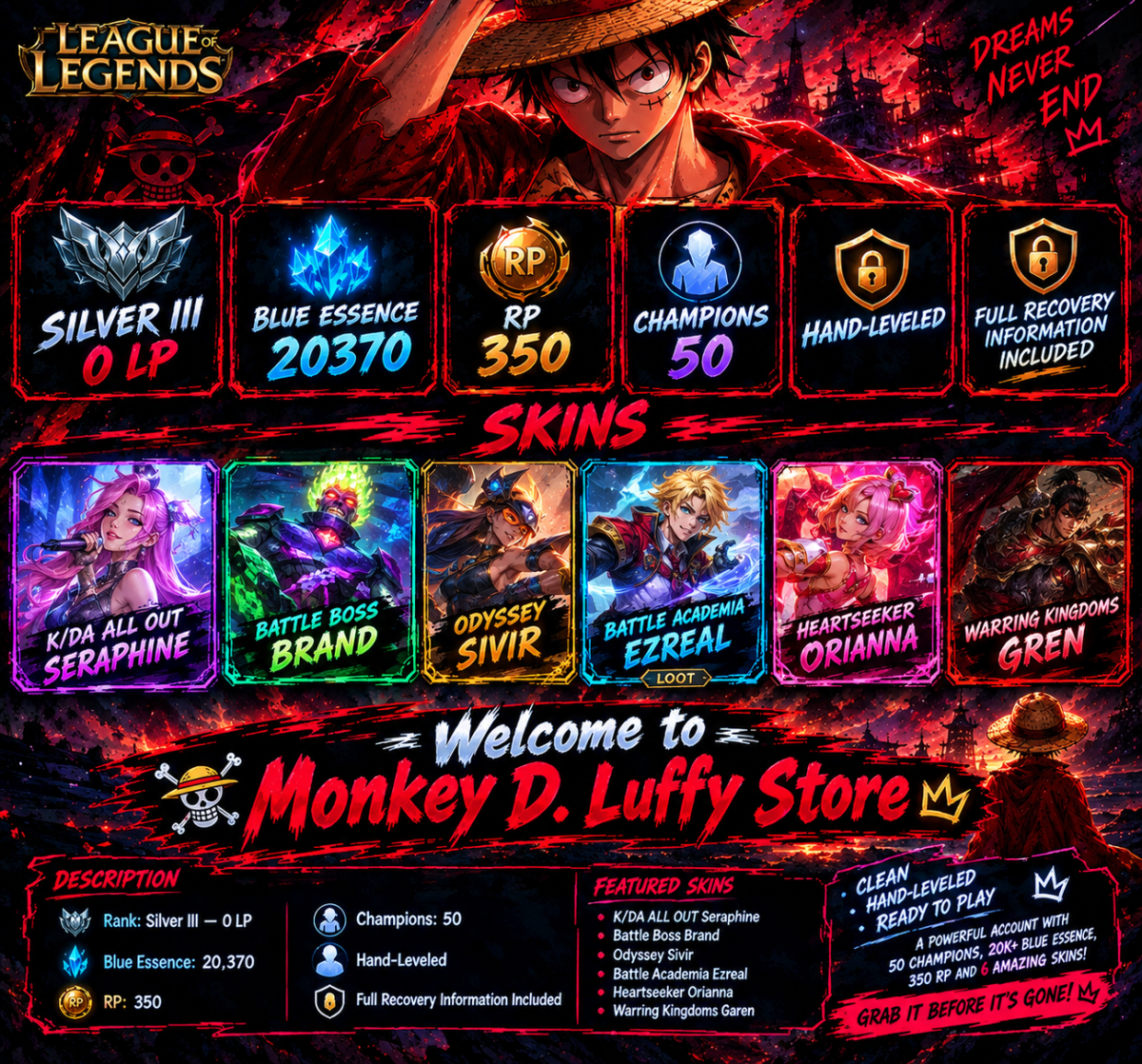 🔥 SILVER III 0 LP — PREMIUM HAND-LEVELED ACCOUNT 🔥👑 Welcome to Monkey D. Luffy Store 🏴‍☠️