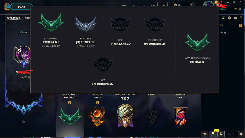⭐EUW -Emerald 1 74% WR⭐+30 LP/WIN - Level245 - 145Champions - 154Skins - from 2019⭐Honor Lv5 + MSI CUP BANNER ⭐Lv14 Master yi - Main Jungle⭐handleveled⭐