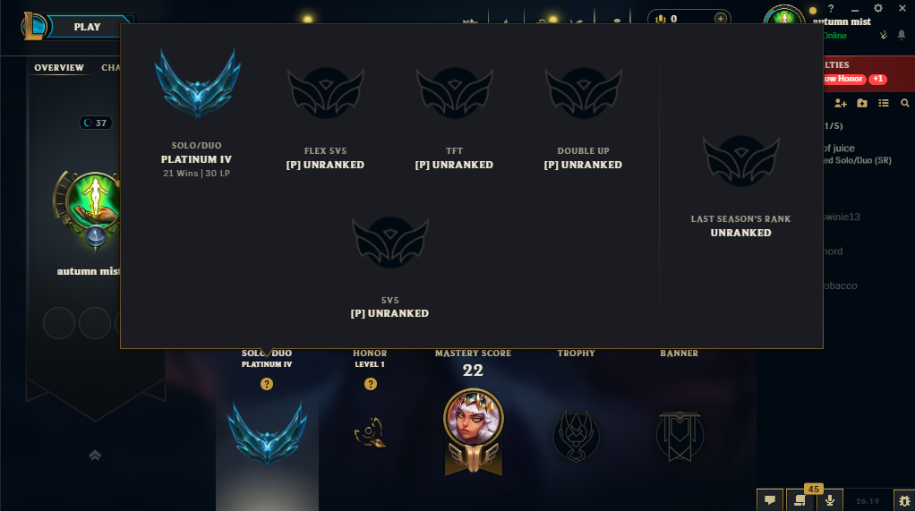 :⭐:EUW -PLAT 4 -30LP+⭐Level37⭐42Champions ⭐:Honor Lv1::⭐handleveled