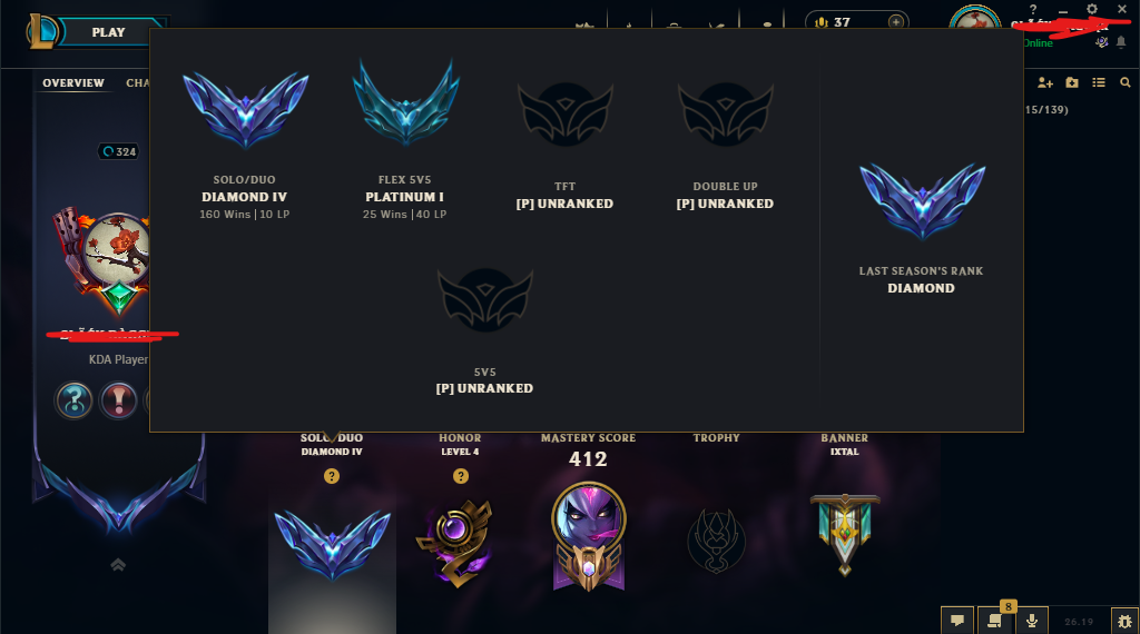 ⭐EUNE -Diamond 4 15LP⭐PLAT 1 40LP Flex⭐Main Mid - Kata And Evelynn⭐ Level324 - full Champions - 187kins - from 2019⭐Honor Lv4⭐handleveled⭐