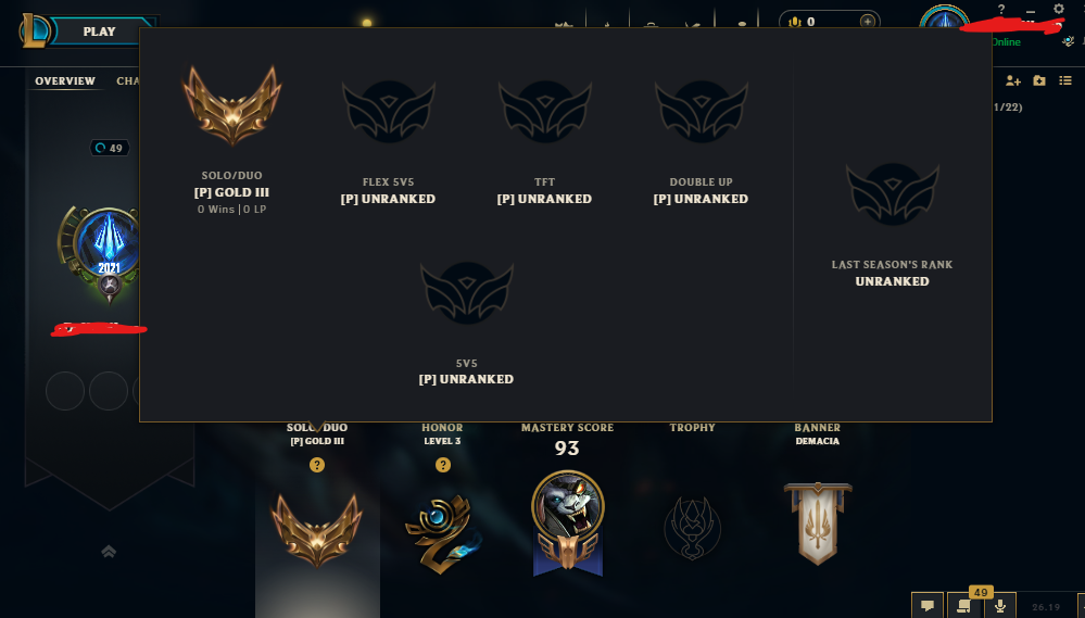 ⭐EUW -Gold 3 [3/5]⭐+30 LP/WIN- Level49 - 35Champions - 38Skins - from 2019⭐Honor Lv3 ⭐Lv5 Rengar -Lv4 Kha'zix - Lv4 Lee sin - Main Jungle⭐handleveled⭐
