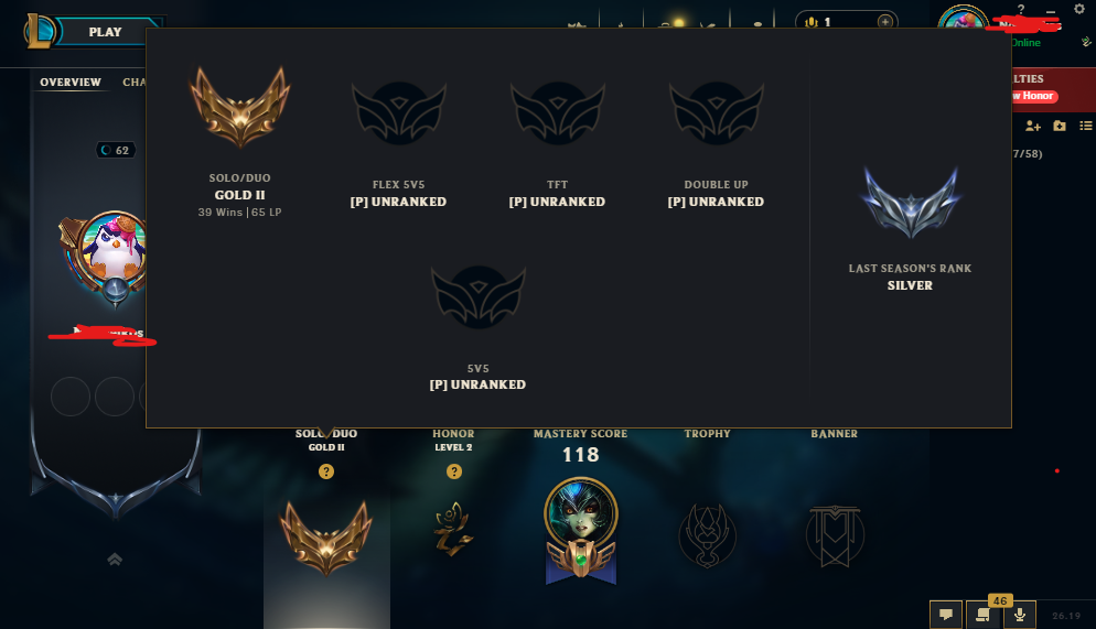 ⭐EUW -Gold 2 [65lp](76% wr)⭐+30 LP/WIN- Level62 - 61Champions - 38Skins - from 2019⭐Honor Lv2 ⭐ handleveled⭐