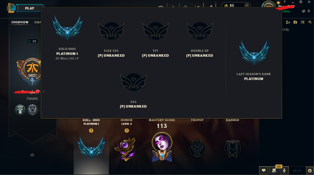 ⭐EUW -plat 1  [60lp](61% wr)⭐ Level59 - 52 Champions - good skins- from 2014⭐Honor Lv4 ⭐ handleveled⭐