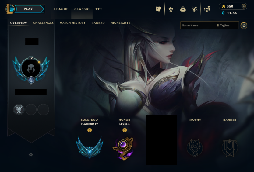 EUW|Platinum 4 62 %WR +30 LP PER WIN|Emerald 3 MMR(With Proof)|11K BE+350RP+Coven Evelynn & More|Unverified|Handleveled & Recovery info|Instant Full Ownership